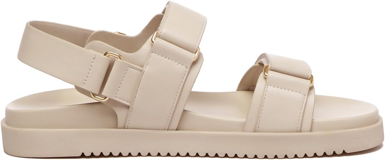 Rihero Women's Flat Sandals Comfort Adjustable Double Strap Slip on Leather Footbed Sandals