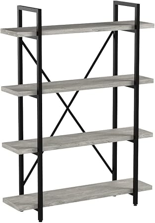 45MinST 4-Tier Vintage Industrial Style BookcaseMetal and Wood Bookshelf Furniture for Collection, Gray Oak, 345 Tier (4-Tier)