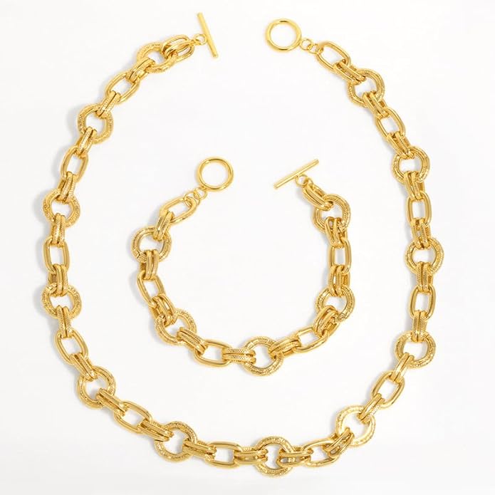 Gold Plated Copper Chunky Textured Link Chain Necklace for Women, Front Toggle Clasp Choker