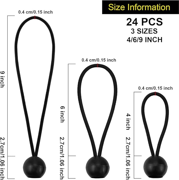 NODG 24 Pieces Ball Bungee 4,6,9 Inch Black Bungee Balls Heavy Duty Tarp Ball Bungee Cords Elastic String 4mm Thickness Tarp Canopy Shock Cords for Camping, Tents, Cargo, Holding Wire
