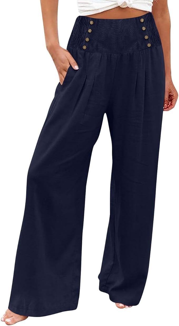 Womens Linen Palazzo Pants 2024 High Waisted Summer Casual Pants Button Decer Boho Flowy Pants Vacation Beach Outfits