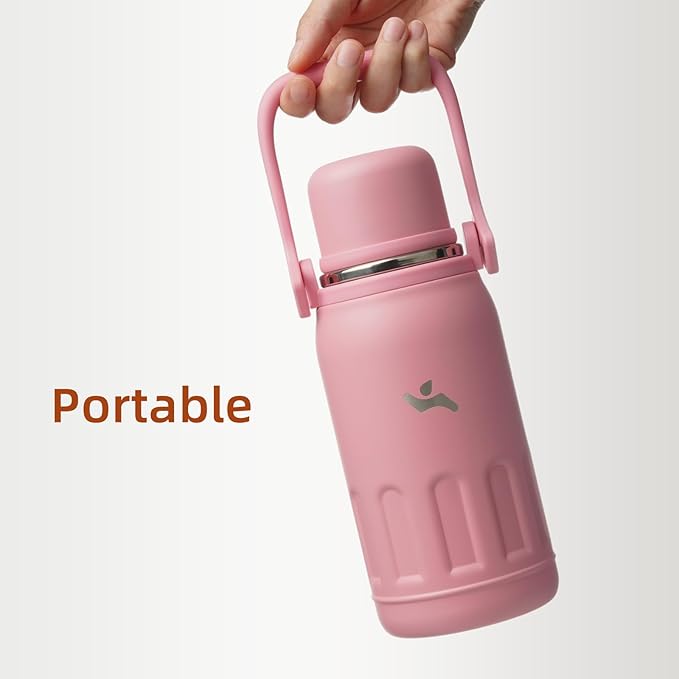 Insulated Water Bottle with Handle and Strap,Vacuum Travel Tumbler with Cup Lid,Thermo Coffee Cup for Hot Cold Drinks 50 OZ,Pink