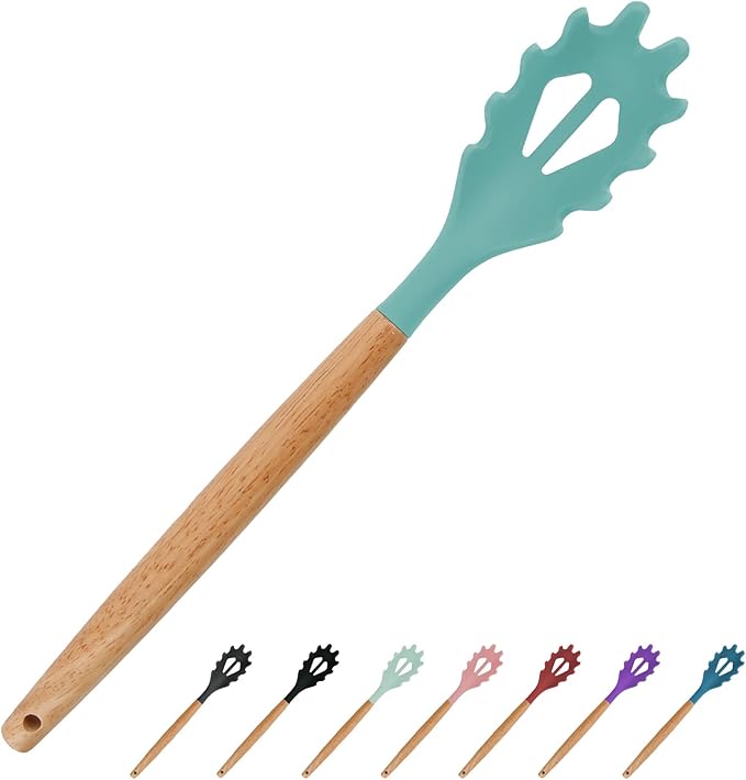 Silicone Spaghetti Spoon, Pasta Fork, 12.6 Inch Noodle Spoon, Pasta Spoon with Wooden Handle, Spaghetti Server for Cooking, BPA Free, Green