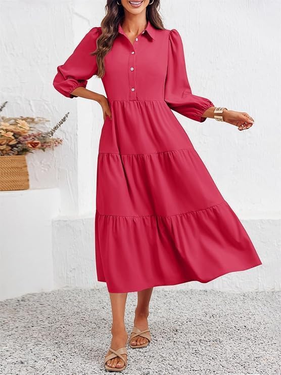 Wenrine Womens Casual 34 Sleeve Shirt Dress Button Down V Neck Tiered Collared Flowy Maxi Dress