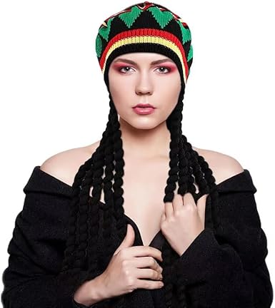 Unisex Rasta Wig Braids Hat Knitted Jamaican Rasta Beanie Cap with Dreadlocks Halloween Costume for Men Women