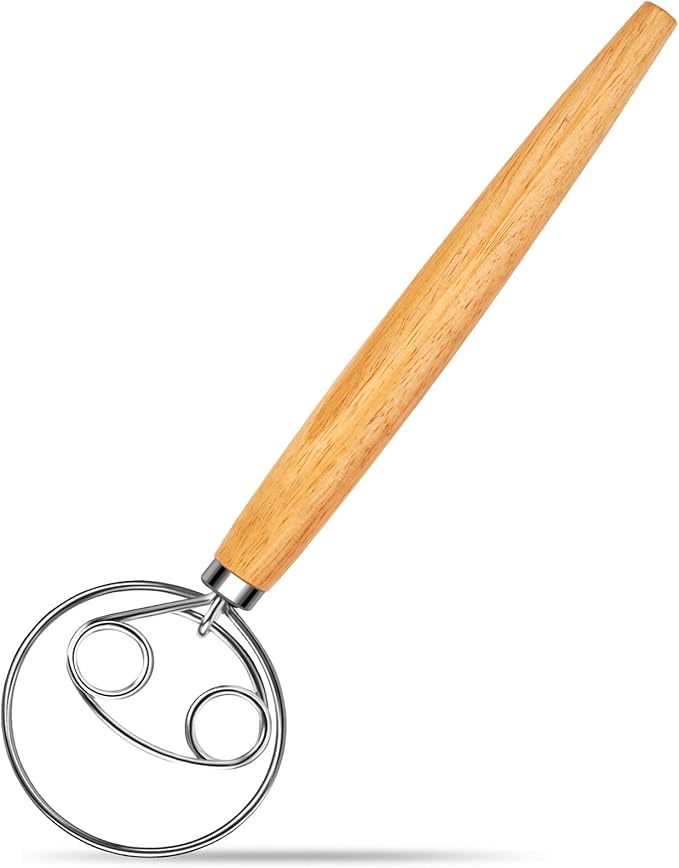 Danish Dough Whisk Stainless Steel Dough Whisk Dutch Bread Dough Hand Mixer Wooden Handle Kitchen Baking Tools Bread Making Tools and Supplies