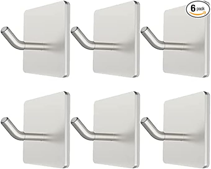 VIVII 6 Pack Adhesive Hooks, 3M Self Adhesive, Metal Wall Sticky Hooks Hanger for Keys Bags Clothes Hat Towel, Kitchen Bath Room Living Room No Drilling Needed