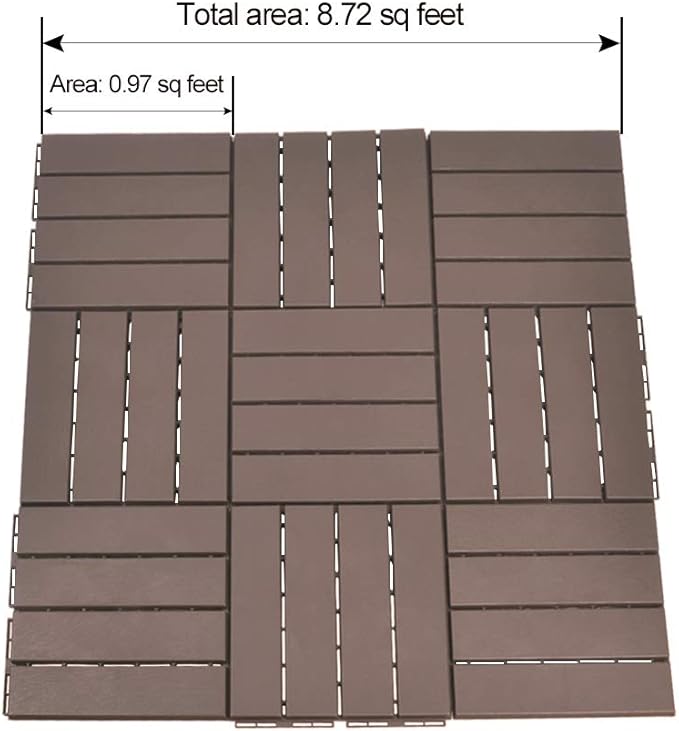 domi Outdoor Living Patio Deck Tiles, 12 x 12 inches Composite Interlocking Decking Tile, Four Slat Plastic Outdoor Flooring, 9 Pieces One Pack, Dark Brown