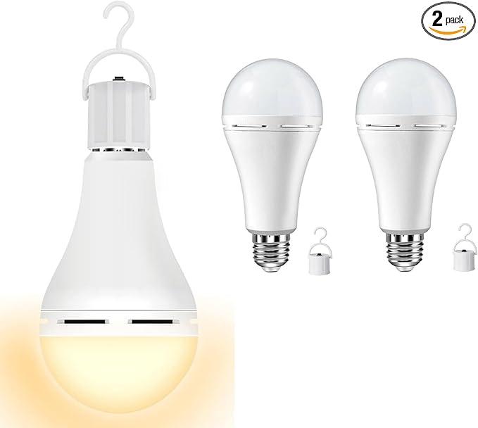 Rechargeable Light Bulbs 9W,Battery Operated Powered LED Light Bulb 600Lumen 3000K Warm White for Power Outage,Camping,Outdoor Activity,Hurricane,Pack of 2