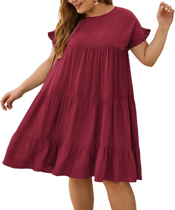 YOXUA Womens Plus Size Dress - Ruffle Short Sleeve Crewneck Color Block Loose Summer Beach Swing Dresses XL-4XL