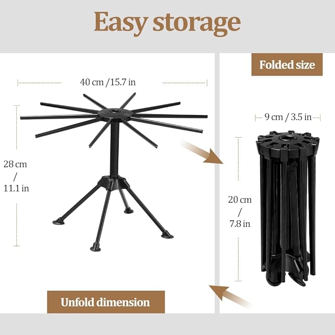 Ourokhome Collapsible Pasta Drying Rack, Plastic Foldable Homemade Fresh Spaghetti Stand Dryer Noodle Hanger for Kitchen with 10 Arms, Stable, Easy Storage, Quickly Set Up (Black)