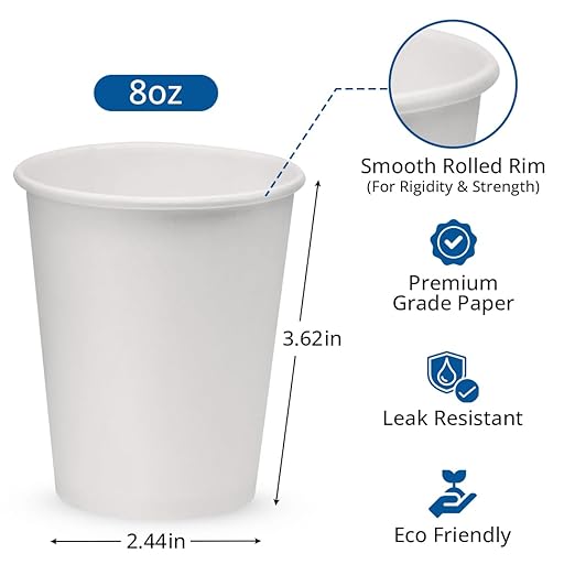 NYHI 300 Pack 8 oz White Paper Disposable Coffee Cups Hot Cold Beverage Drinking Cup for Water Juice Espresso Tea Ideal for Water Coolers Party