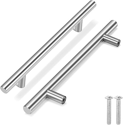 Flexzion 1 Pack Kitchen Cabinet Handles Silver Drawer Pulls 7 inch, 5 inch Hole Center, Stainless Steel T Bar with Satin Brushed Nickel, Hardware for Kitchen Cupboard Door Bathroom Furniture