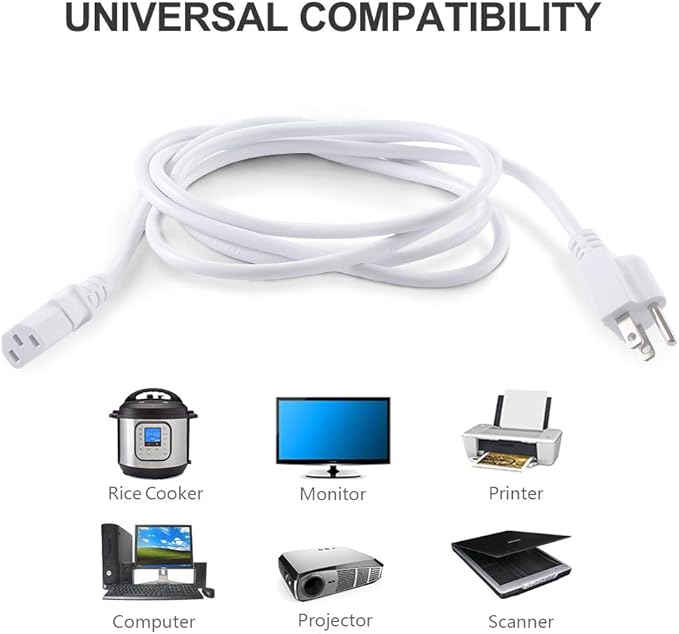 White Replacement Power Cord for Computer Monitor TV