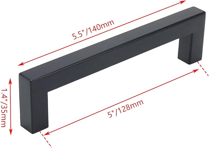 5.5"/140mm Square Cabinet Drawer Pull T-Shaped Handle Cabinet Pulls (5"/128mm Hole Center) for Kitchen Furniture(Matte Black)