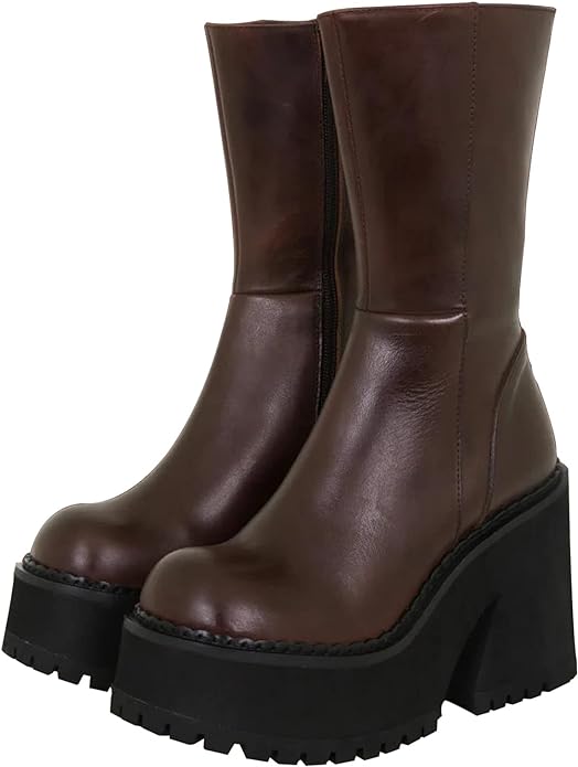 AMINUGAL Womens Wedge Heel Ankle Boots Platform Zipper Punk Motorcycle Booties Chunky Block High Heel Round Toe Fashion Work Combat Boots Mid Calf For Women