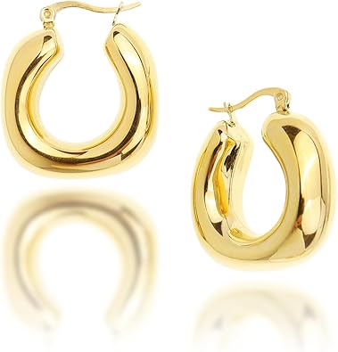 JeanBeau Gold Plated Chunky Hoop Earrings for Women, Trendy Statement Thick Hollow Lightweight Huggie Hypoallergenic Earing Jewelry Gift