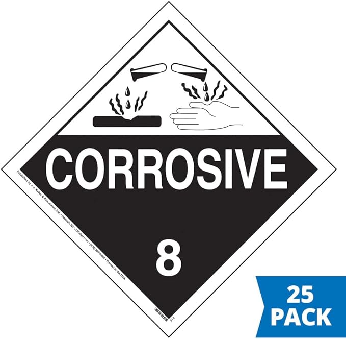 Class 8 Corrosive Placard, Worded, 10.75" x 10.75" Removable Self Adhesive Economy Vinyl for Short-Term Applications, DOT Hazmat Compliant, 25 Pack, J. J. Keller Associates, Inc.