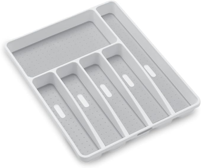 madesmart Classic Large Silverware Tray - White CLASSIC COLLECTION 6-Compartments Kitchen Drawer Organizer Soft-Grip Lining and Non-Slip Rubber Feet BPA-Free