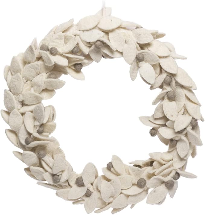 DeKulture Handmade Premium Wool Felt Wreath (White) Eco Friendly Needle Felted Christmas Xmas Tree Decoration for Home Office Party Holiday Dcor, 13" (D) Inches