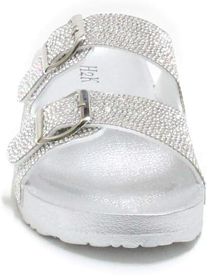H2K Womens Glitter Double Buckle Adjustable Comfort Slip On Slide Sandals Espen
