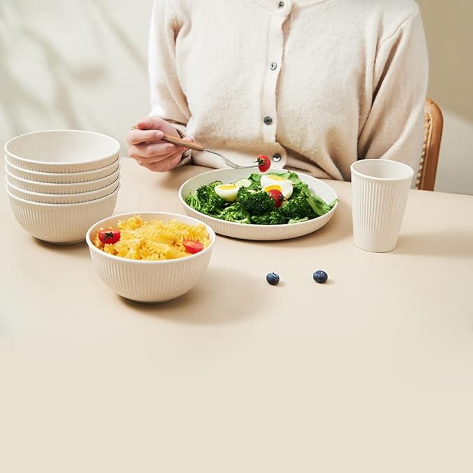 12pcs Wheat Straw Dinnerware Sets HXYPN Unbreakable Reusable Dinnerware Set Kitchen Cups Plates and Bowls Sets Dishwasher Microwave Safe Plates