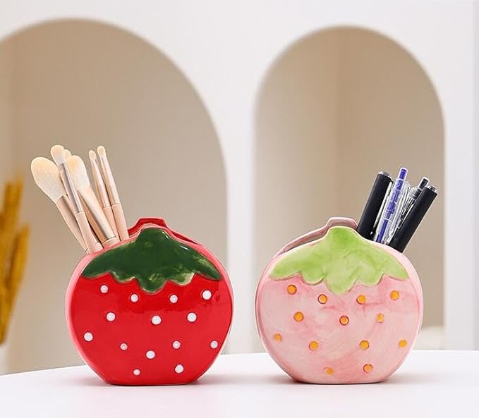 Pencil Holder, Ceramic Strawberry Pen Dispensers, Makeup Brush Holder, Table Organizer