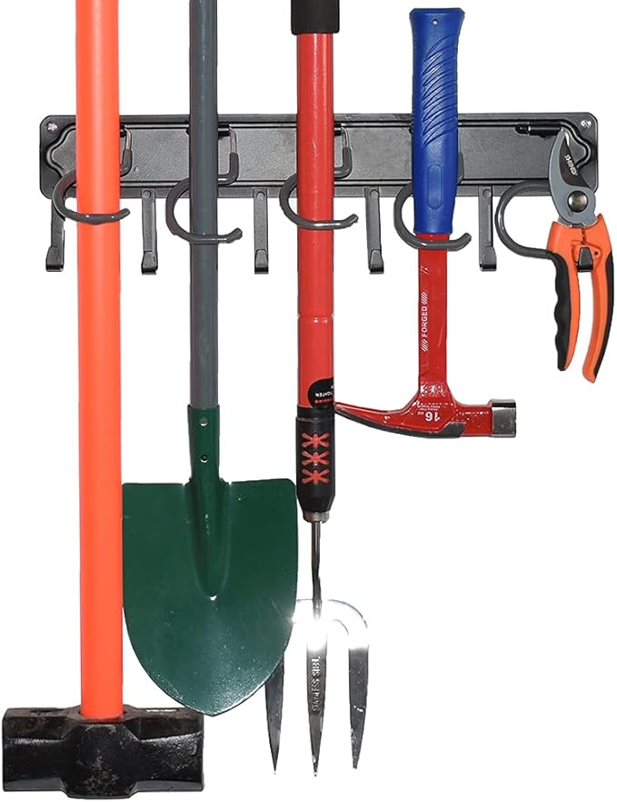 YueTong All Metal Garden Tool Organizer,Adjustable Garage Wall Organizers and Storage,Heavy Duty Wall Mount Holder with Hooks for Broom,Rake,Mop,Shovel.(1 Packe)