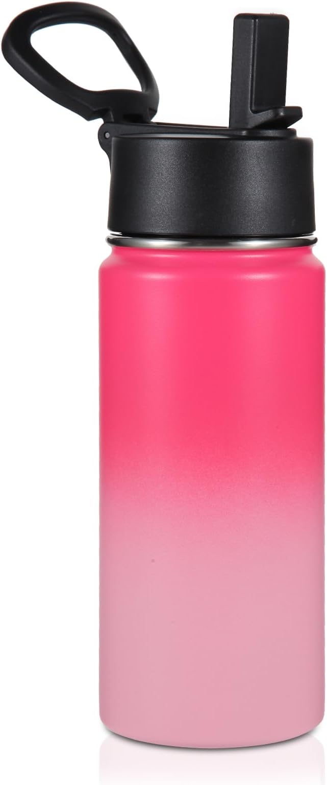 Volhoply Kids Insulated Water Bottle with Straw,16oz Stainless Steel Cold Water Bottles for School,BPA-Free Metal Wide Mouth Cups with Handle Lid,Reusable Double Wall Vacuum Sport Flask(Peach,1)