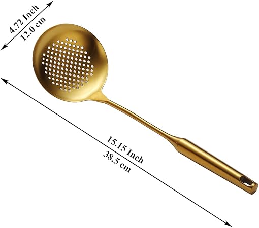 Gold Strainer Skimmer, Evanda Heavy Duty Golden Stainless Steel Heavy Duty Sturdy Kitchen Skimmer, Slotted Spoon, With Comfort Handle and Hanging Holes, Easy to Store and Dishwasher Safe