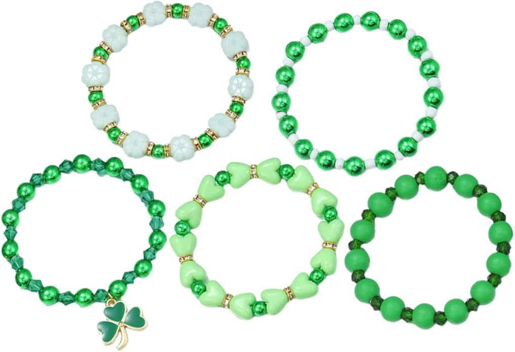Garneck 5Pcs St Patrick's Day Jewelry Set - Green Beaded Stretch Bracelets with Shamrock Charms - Accessories for Celebrations Parties and Holiday Festivities