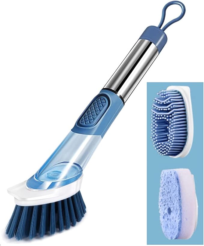 The Blue Soap Dispenser Dish Brush includes 2 refills: Stainless Steel TPR and Sponge Bristles, Long Handle and Dishwashing Cleaning Brush, Safe Non-Stick (Blue)