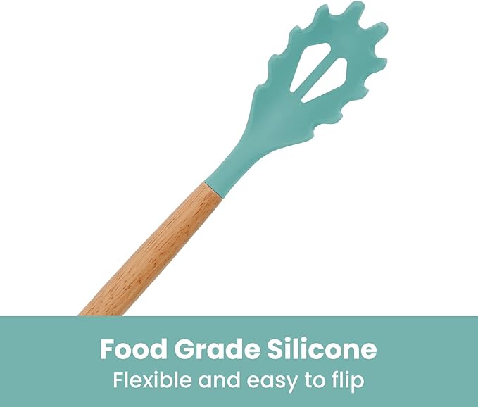 Silicone Spaghetti Spoon, Pasta Fork, 12.6 Inch Noodle Spoon, Pasta Spoon with Wooden Handle, Spaghetti Server for Cooking, BPA Free, Green