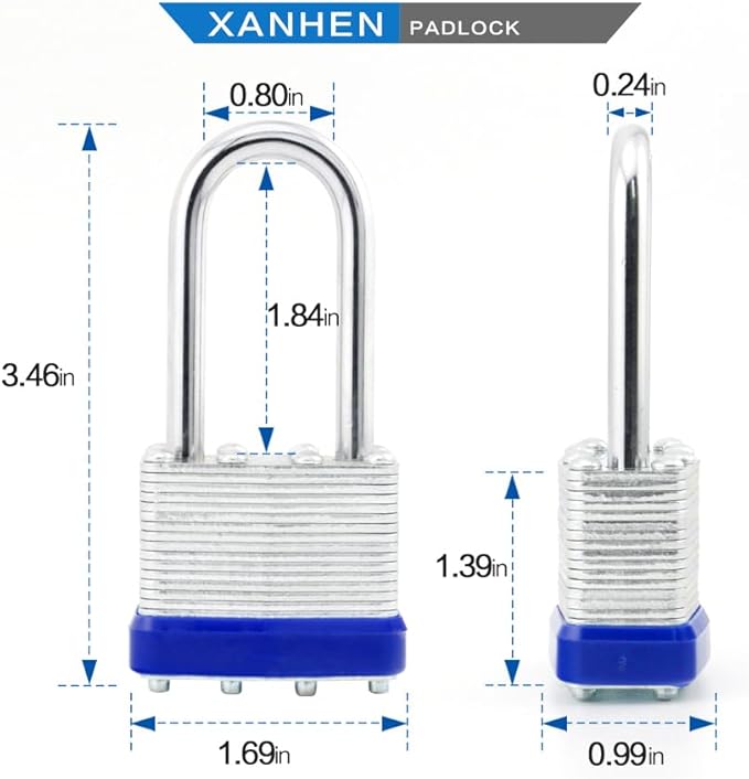 Lock Outdoor Padlocks, Key Lock, Padlocks with Same Key - Laminated Steel Keyed Padlocks with Long Shackle, 2 Pack, for Hasp Latch, Sheds, Fences, Storage Locker, School, Gym