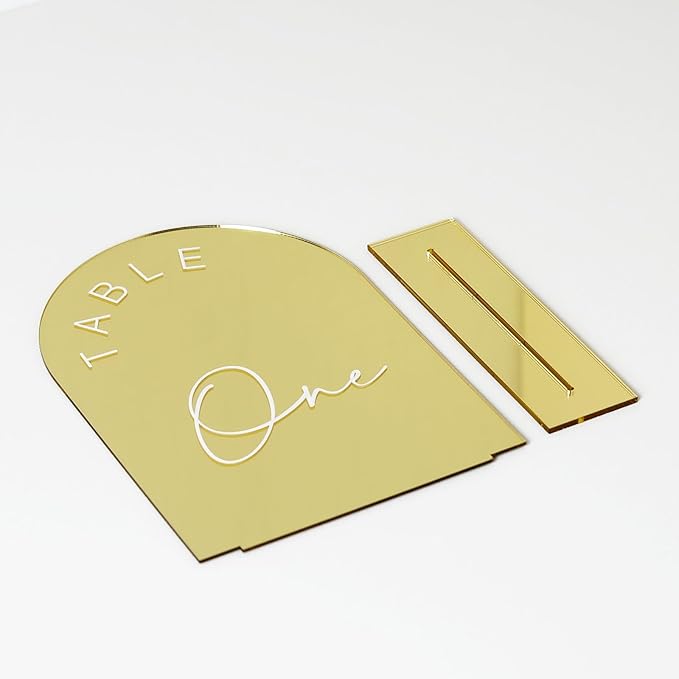 Gold Mirror Arch Wedding Table Numbers 1-25 with Stands, 5x7 Inch Acrylic Arch Sign with Holder, Gold Mirror Arched Acrylic Table Numbers for Wedding Reception(1-25, 5"x7")