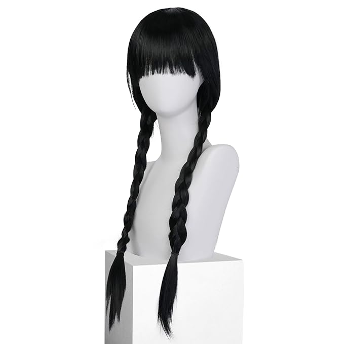 Wednesday Wig Black Cosplay Wig for Women Black Two Braids Wig for Halloween Costume Black Wig with Bangs Long Black Costume Wig for Party