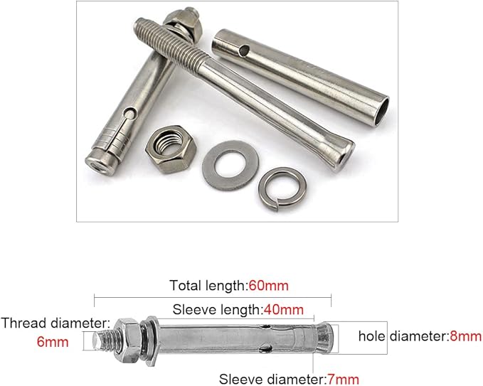 Stainless Steel M6 x 60mm Hex Head Sleeve Anchor, for Pad Eye Plate Hook Hanging Hardware 14" x 2-38" Expansion Bolt (4pcs Hex Sleeve Anchor)