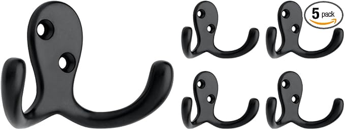 Franklin Brass (5-Pack) Double Wall Hooks 2-Prong Coat/Hat Matte Black Hooks for Hanging Wall Mount Hanger Clothes, Purse, Bag, Towel Organization Decorative Wall Hooks B59104M-FB-C