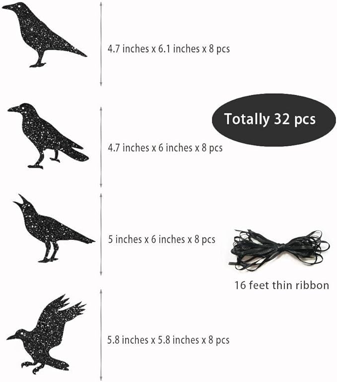 Cheerland Glitter Black Crow Halloween Decorations for Gothic Halloween Tree Hanging Decoration Bird Raven Banner Stick Decal Garland Backdrop Centerpiece for Theme Birthday Wedding Party Supplies