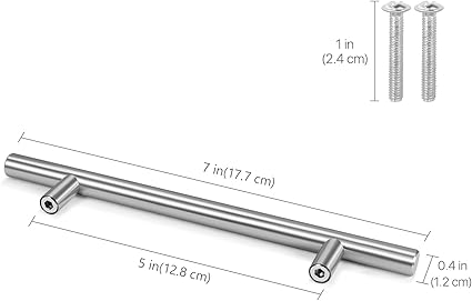 Flexzion 1 Pack Kitchen Cabinet Handles Silver Drawer Pulls 7 inch, 5 inch Hole Center, Stainless Steel T Bar with Satin Brushed Nickel, Hardware for Kitchen Cupboard Door Bathroom Furniture