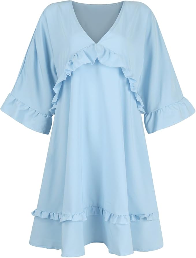 Womens 2024 Summer V-Neck Ruffle Loose Short Sleeve Mini Dress A Line Swing Mini Beach Vacation Sundress