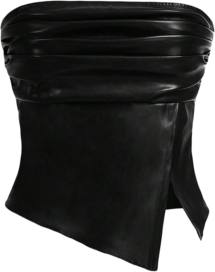 Women's Leather Tops Strapless Concert Bandeau Crop Tube Tops Ruched Split Club Shirt