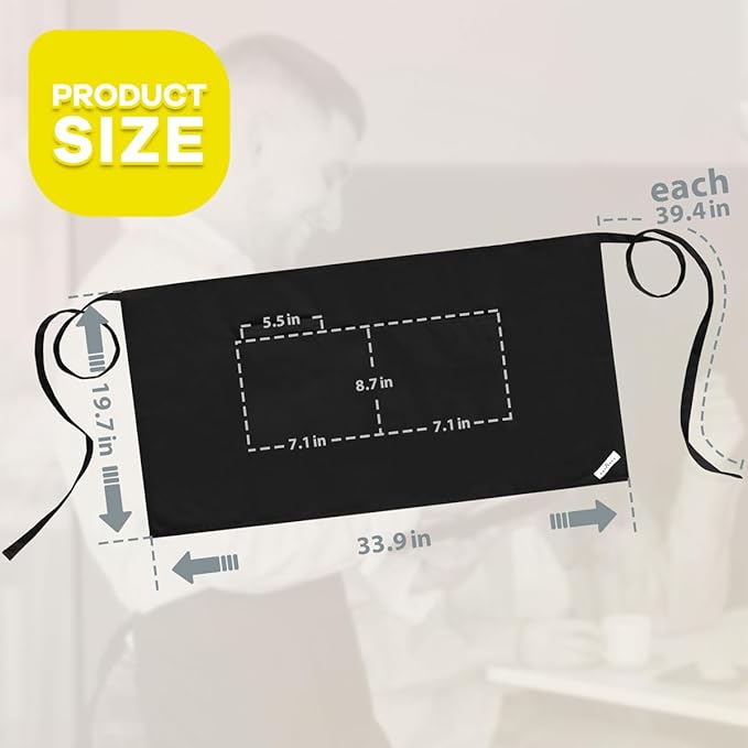 ROTANET Server Apron Black with 3 Pockets 20 Inch Long Waiter Waitress Bistro Half Waist Aprons for Women Men Waterproof