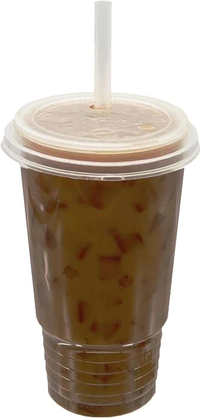 Tankon,100 Sets - 32 oz. Disposable Clear Plastic Cups With Lids and PLA Boba Straws 32oz.