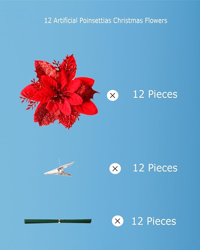 Artificial Poinsettias Christmas Flowers, 12 Pcs Fake Christmas Flowers with Clips and Stems for Wreath Garland, Wedding, Holiday Christmas Tree Ornaments Decor