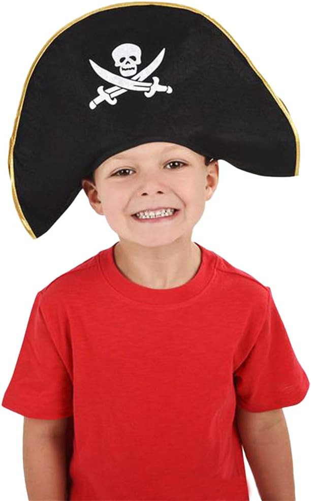 ArtCreativity Pirate Felt Hat for Kids, 1PC, Pirate Costume Hat with Skull and Cross Sword Design, Costume Prop for Halloween, Dress Up Parties, and Photo Booth, Black, White, and Gold