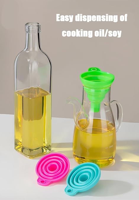 Collapsible Silicone Funnel for Kitchen, 2 Sizes Extra Wide Mouth Non-Spill Design, Leak-Proof Oil Bottle Filler with Hanging Hole for Cooking, Gasoline, Soy Sauce, Spices (Light Blue, Small)