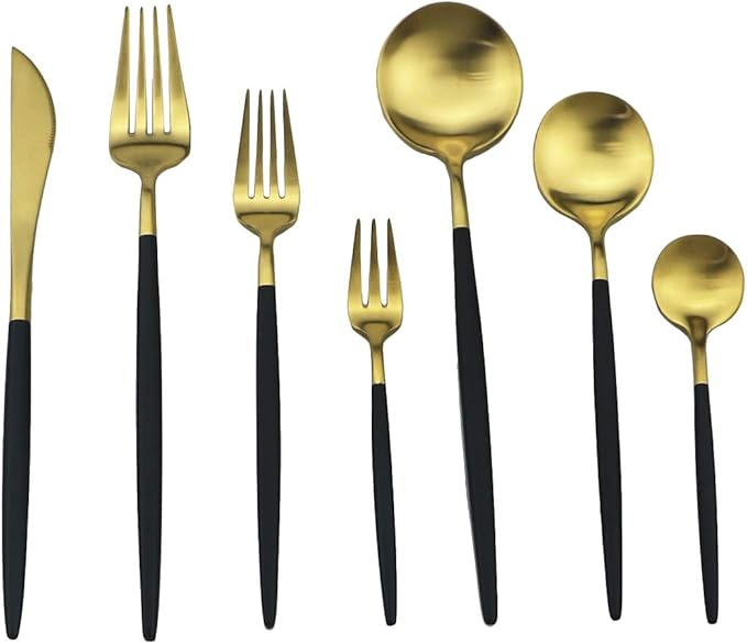 Gugrida Black Gold Flatware, Royal 4 Piece Matte Black Handle 1810 Stainless Steel Dinner Knife Steak Knife 8.94", Camping Cutlery Silverware Travel Utensils Set Tableware