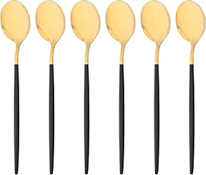 6 Pieces Black Gold Dessert Spoons, 7.28-Inches Food Grade Stainless Steel Spoons for Dessert Salad Appetizer, Use for Home Kitchen or Restaurant