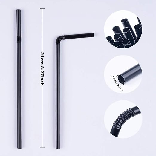 100 Pcs Black Flexible Drinking Straws,Plastic Disposable Bendy Straws(0.23''diameter and 8.27"long)